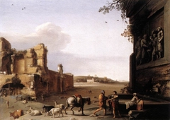 Ruins of Ancient Rome with a bas-relief Showing the Sacrifice of Marcus Aurelius by Cornelius van Poelenburgh