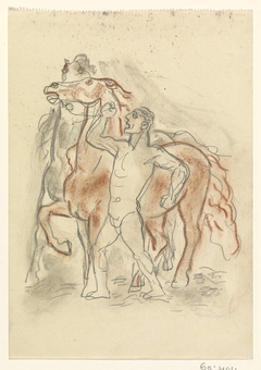 Schetsblad met naakte man, die twee paarden in bedwang houdt by Leo Gestel