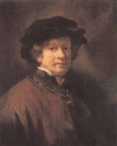 Self portrait with black baret and golden chain by Rembrandt