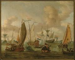 Spiegelgevecht op het IJ te Amsterdam ter ere van het bezoek van Tsaar Peter de Grote op 1 spetember 1697 by Abraham Storck