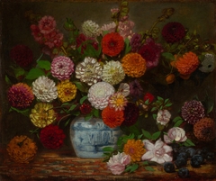 Still Life with Dahlias, Zinnias, Hollyhocks and Plums by Eugène Delacroix