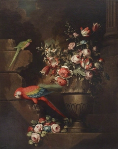 Still Life with Flowers in an Urn and Two Parrots by Jakob Bogdani