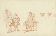 Studieblad met twee staande mannen en een zittende man, wiens hoofd driemaal herhaald is by Cornelis Troost