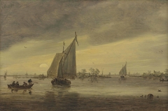 Sunrise over the Haarlemmermeer with a small ship and other boats by Jan van Goyen