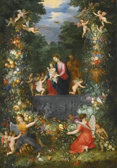 The Holy Family with angels, surrounded with a flower garland in a wooded landscape by Hendrick van Balen the Elder