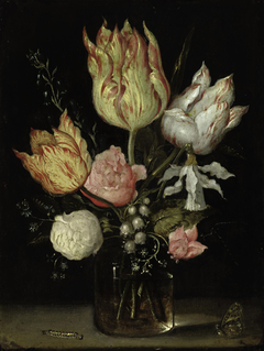 Tulips, roses, a bluebell, narcissus, lily of the valley in a glass vase by Ambrosius Bosschaert