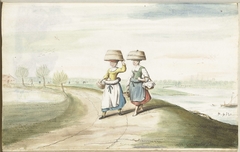 Twee boerenvrouwen lopend in een landschap by Gesina ter Borch