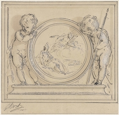 Twee putti met medaillon, waarin de verschijning van Apollo aan de muze by Jacob de Wit