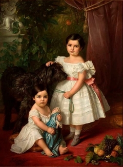 Portrait of Kronenberg sisters (Maria Róża and Róża Maria Karolina) with a dog by Józef Simmler