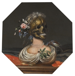 Vanitas bust of a lady's skull with a crown of flowers on a ledge by Catarina Ykens