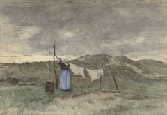 Vrouw bij een waslijn in de duinen by Anton Mauve