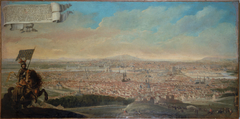 Vue cavalière de Paris avec le portrait équestre de Pépin des Essarts. by Anonymous