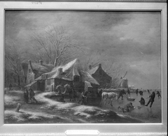 Winter Landscape with Cottages and a Windmill at the Bank of a Frozen River by Nicolaes Molenaer