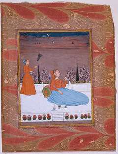 Woman seated on a terrace with an attendant with a chauri by Anonymous