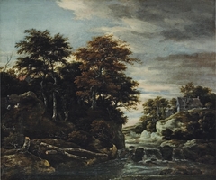 Wooded river landscape with a waterfall, a shepherd with his flock and houses beyond by Jacob van Ruisdael